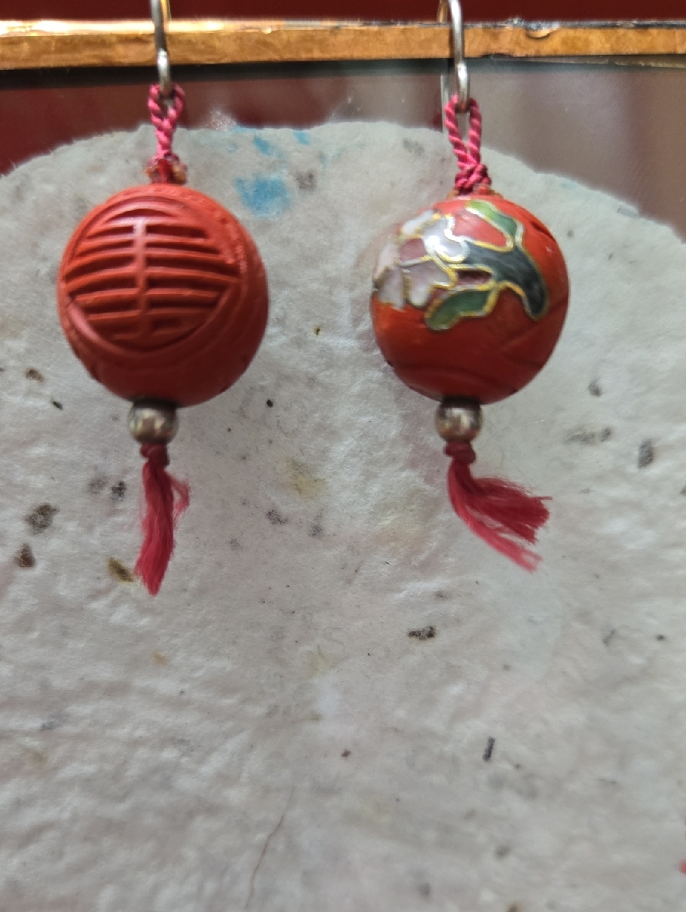 Vintage Red Cinnabar And Cloisonne Earrings